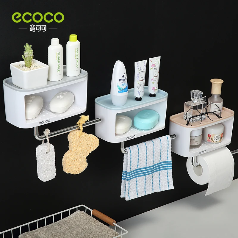 ECOCO Bathroom Shelf Wall Mounted Toilet Soap Dish Bath Shower Set Shampoo Holder Towel Bar Punch Free Hanger Accessories Basket