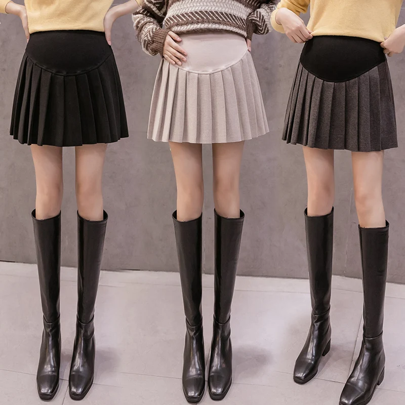 8857# Chis Woolen Maternity Skirts A Line Pleated Belly Mini Skirts Clothes for Pregnant Women Autumn Winter Ins Pregnancy