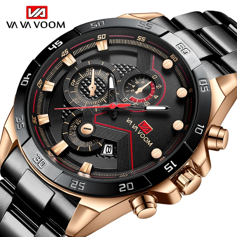 

VAVA VOOM Classic Business Mans Watches Quartz Watch Luxury Men's Wrist Watch Black Gold Stainless Steel Waterproof Wristwatch