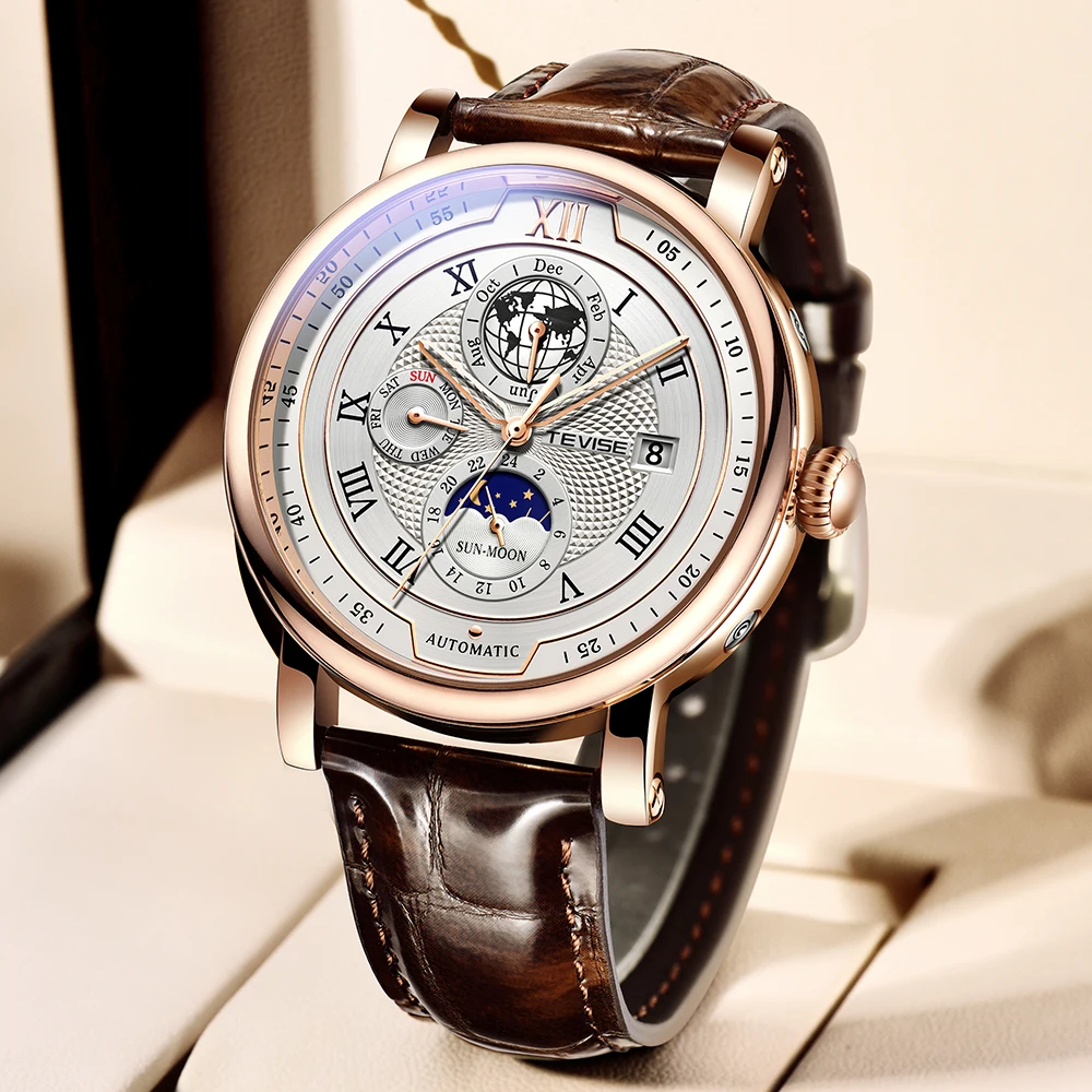 2024 TEVISE Top Brand Luxury Leather Watch For Men Business Waterproof Mens Mechanical Watches Moon Phase Automatic Wristwatch