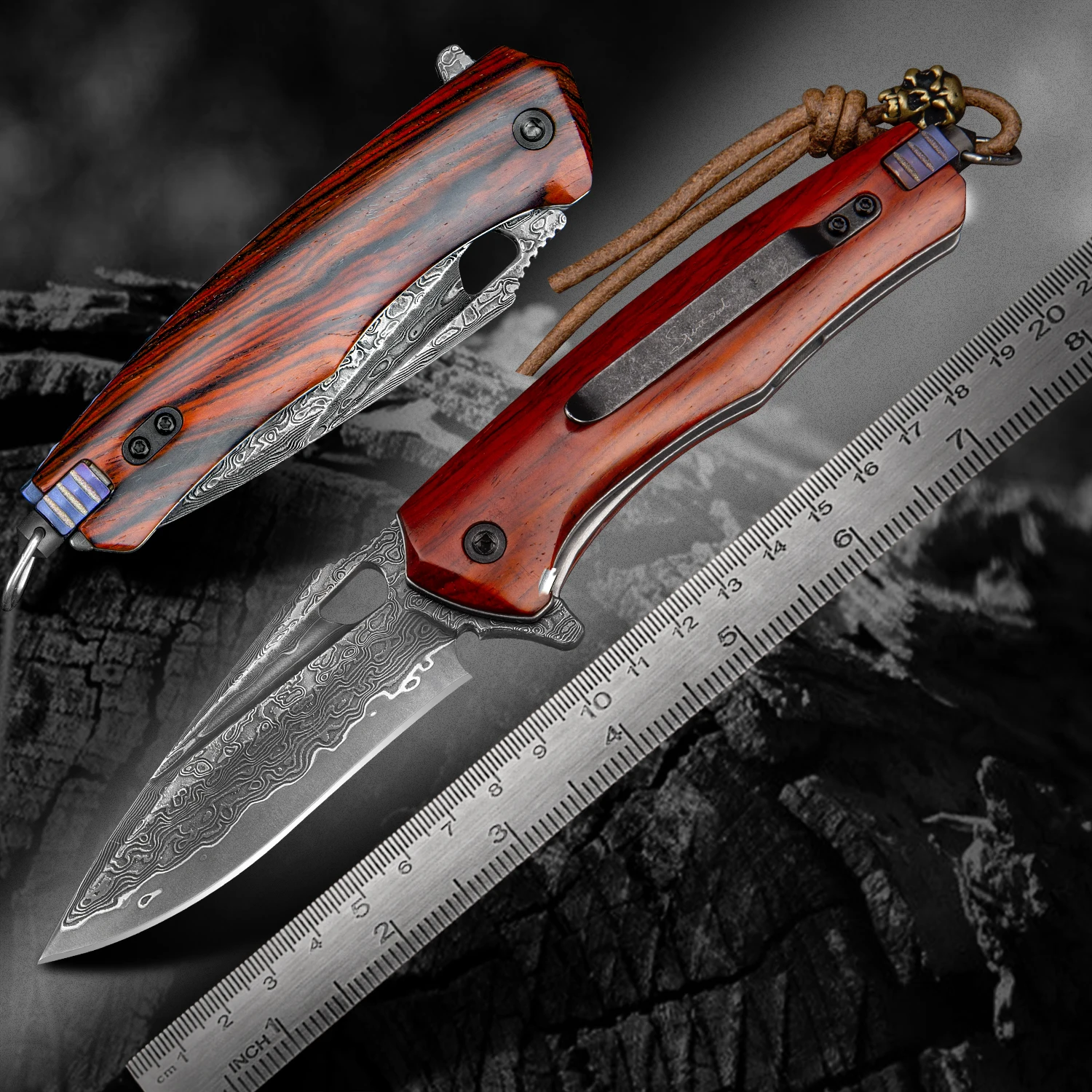 Multi-functional Folding Pocket Knife with EDC Clip Damascus Blade Rosewood Handle, Emergency Hammer, DIY Self-assembling Tool