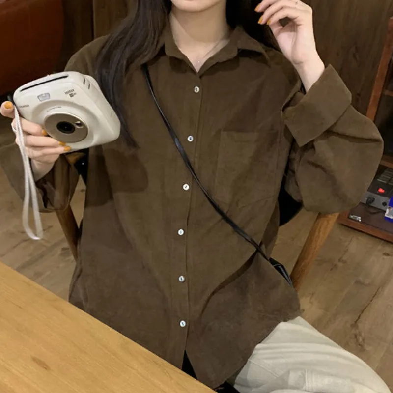 Shirts Vrouwen Solid Pocket Meisjes Top Harajuku Losse Eenvoudige All-Wedstrijd Lente Shirt Jas Nieuwe Chic Ulzzang Dagelijkse Mode lady Casual