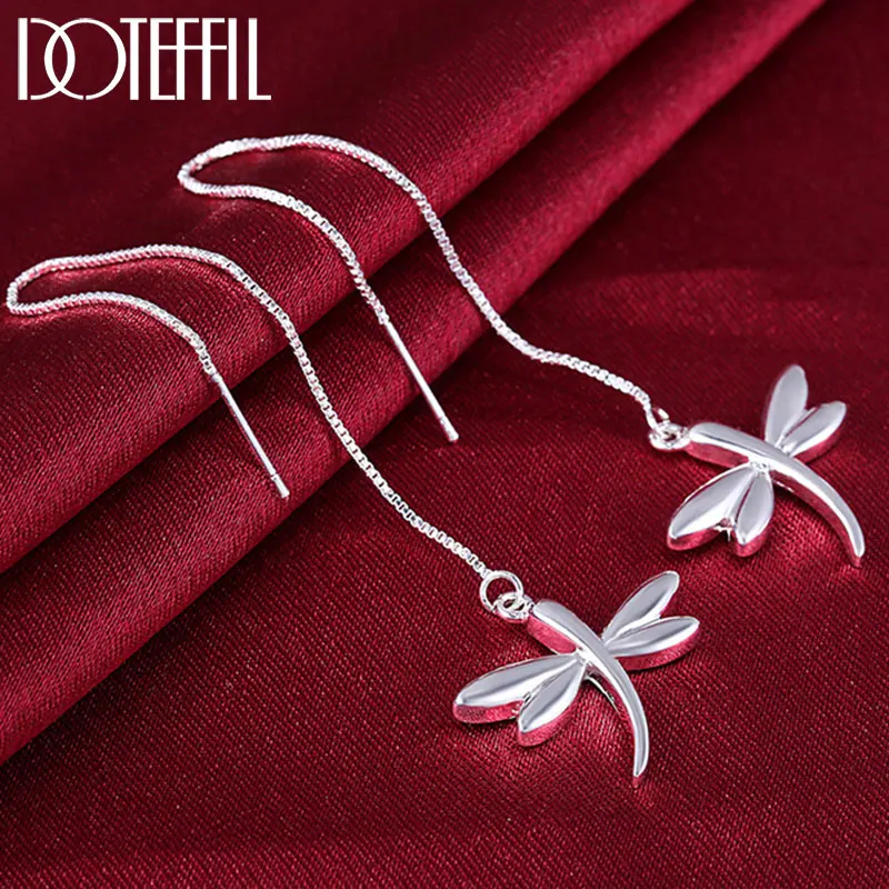 DOTEFFIL 925 Sterling Silver Dragonfly Earline Drop Earring Charm Women Jewelry Fashion Wedding Engagement Party Gift