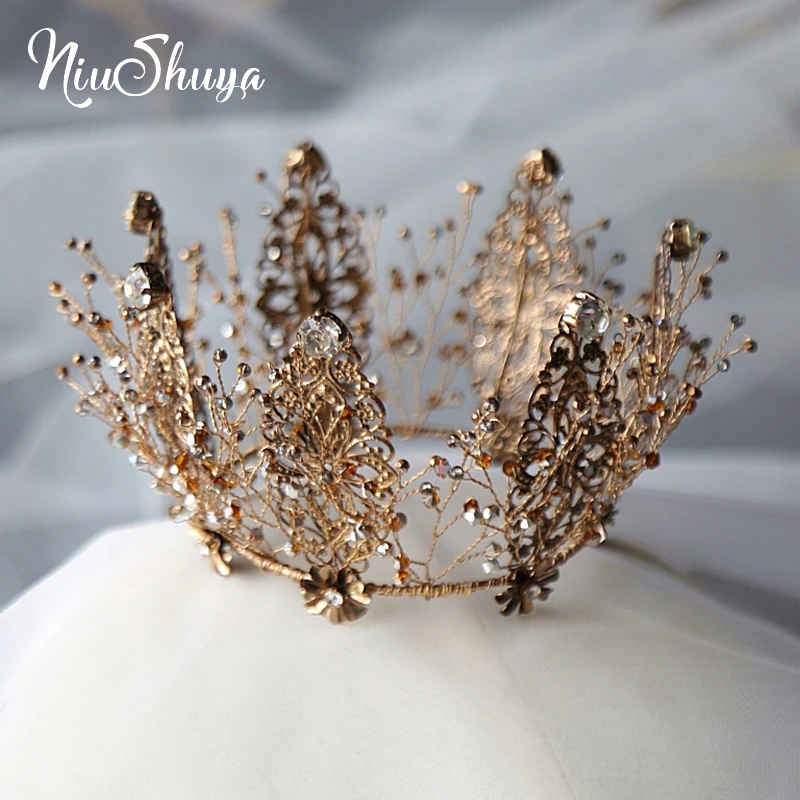 

NiuShuya Baroque Rhinestone Bride Diadem Vintage Bronze Black Crystal Beads Bridal Tiaras Crowns Pageant Wedding Hair Accessory