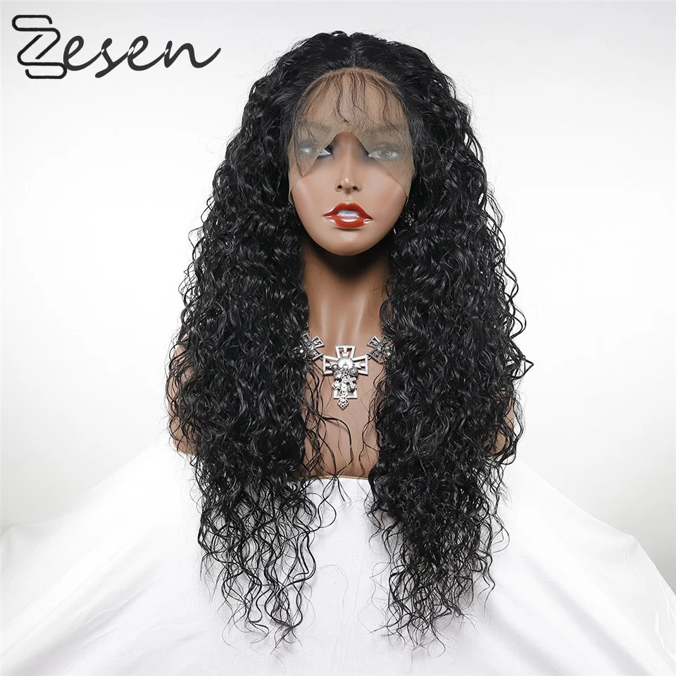 

Zesen13x4 Black Synthetic TLace Front Wigs Loose Curly Long Hair Resistant Glueless With Natural Hairline for Women With Baby Ha