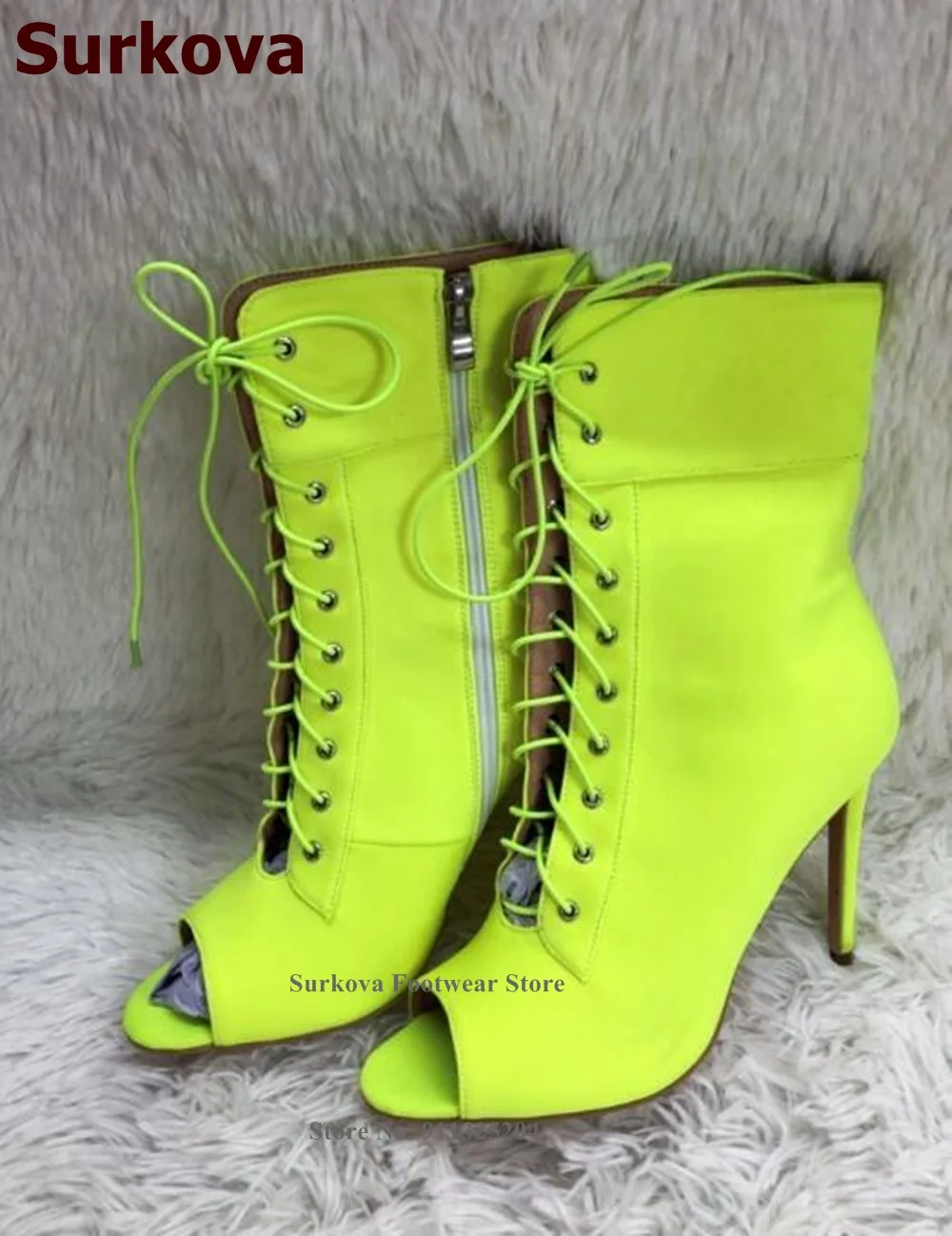 Surkova Pink Neon Yellow Stretch Lycra Ankle Boots Thin High Heel Open Toe Short Booties Cross Strap Lace-up Dress Shoes Size46