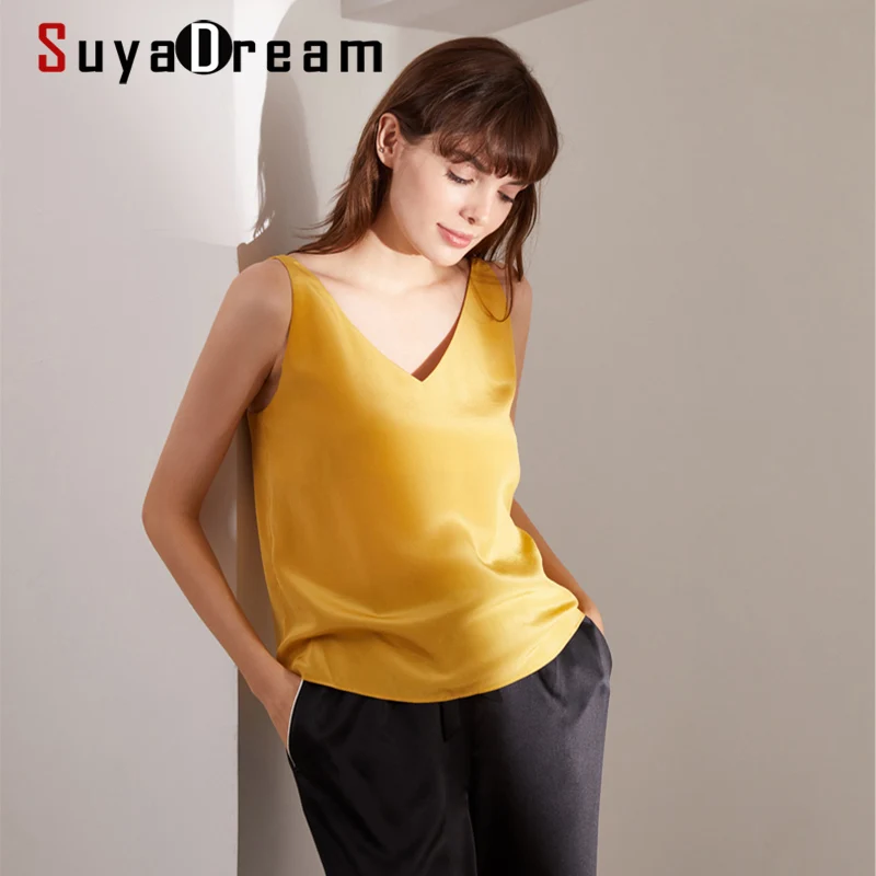 SuyaDream Women Silk Camisoles 100%Real Silk Crepe Sleeveless Solid Sexy V neck Cross Balck Camis 2022 Summer Spring Vests