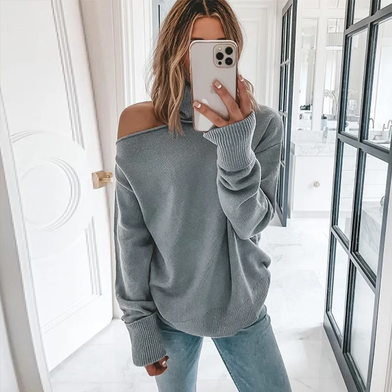 Ardm Sexy Off Shoulder Loose водолазка женская Casual Long Sleeve Grey Winter Clothes Women Hollow Out Pullover Tops