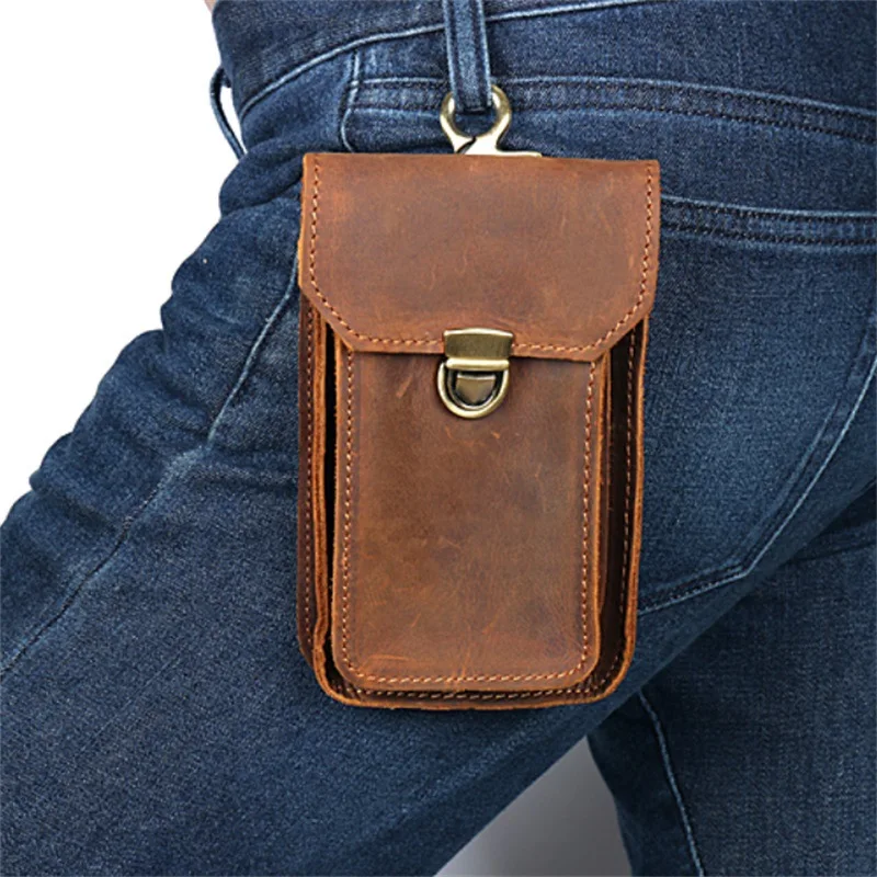 Men\'s Genuine Leather Belt Bag Real Leather Waist Bag Double Layer Waist Pack For Phone Buckle Cigarette Case Fanny Wallet Hook