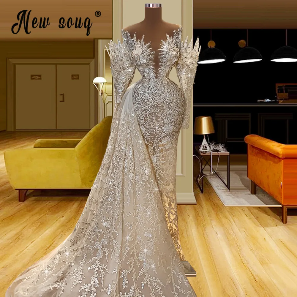 Luxury Beading Illusion Evening Dress White Pearls Mermaid Prom Gown Middle East African Celebrity Dresses Wedding Dress