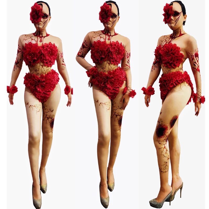 

Nightclub Halloween Party Cosplay Pole Dance Outfit Red Flower Long Sleeved Jumpsuit Gogo Dance Costumes Rave Wear DWY4915