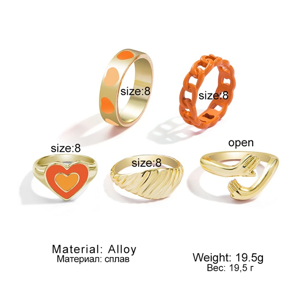 KISSWIFE Ins Style Gold Color Silver Color Orange Rings Set For Women Girls Hug Ring Heart Geometric Finger Ring Fashion Jewelry