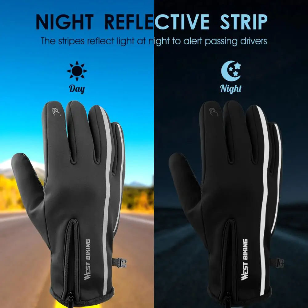 WEST BIKING Reflective Sport Gloves Winter Thermal Fleece Gloves Touch Screen Outdoor Skiing Motorcycle MTB Cycling Equipment