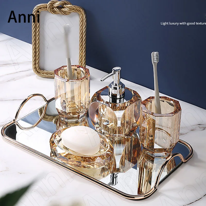 

Creative Clear Crystal Bathroom Set Nordic Modern Household Restroom Transparent Glass Three-piece Shower Accessories Organizer