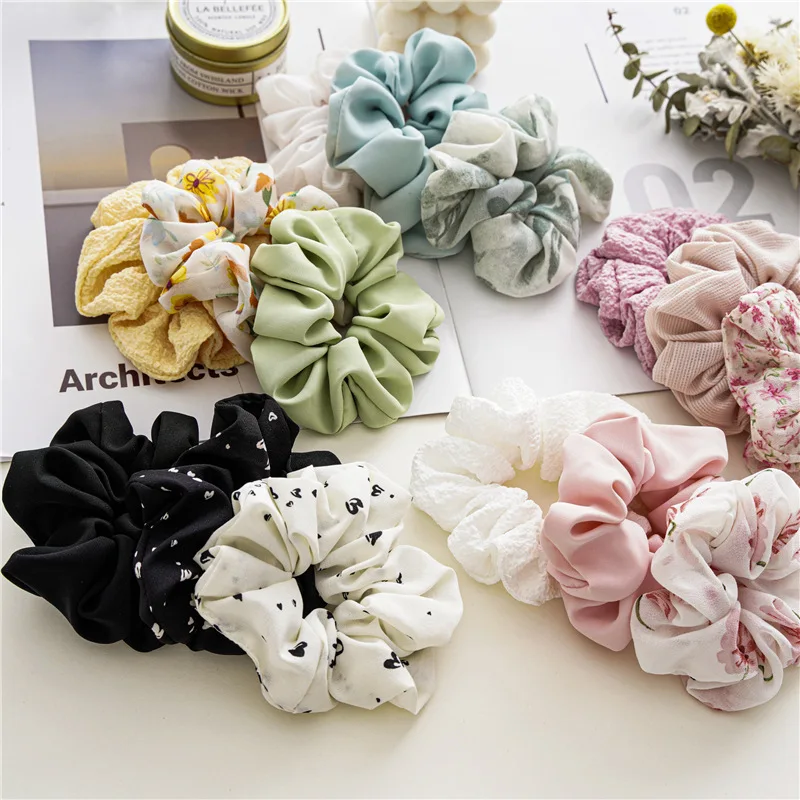 3 Pack Fashion Chiffon Big Scrunchies Set Solid Flower Print Fabric Hair Tie Elastic Head Band Women Hair Rope Ponytail Holder