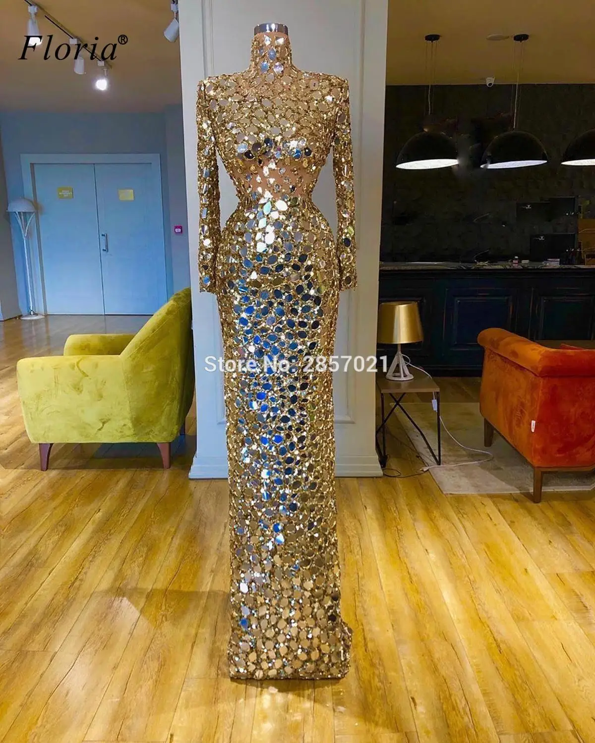 

Gold Formal Evening Dresses Long Sleeves Handmade sewing Evening Gowns Shiny Prom Dresses Women Couture Robe De Soiree Custom