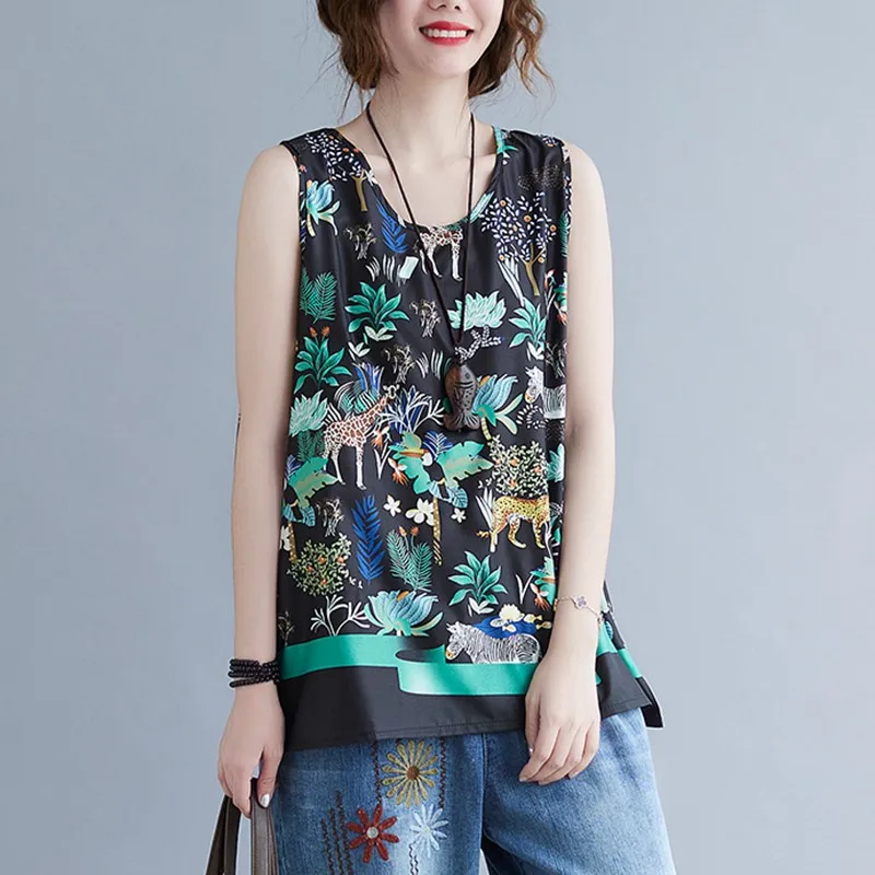 Women Summer Casual Tanks Tops New Arrival 2021 Vintage Style Print Loose Comfortable Female Sleeveless T-shirts S3977