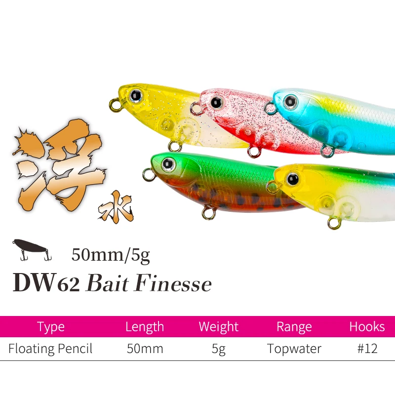 TSURINOYA Floating Pencil Set DW62 50mm 5.0g 5pcs Topwater Artificial Hard Baits Trour Pike Fishing Lure Bass Fishing Tackle