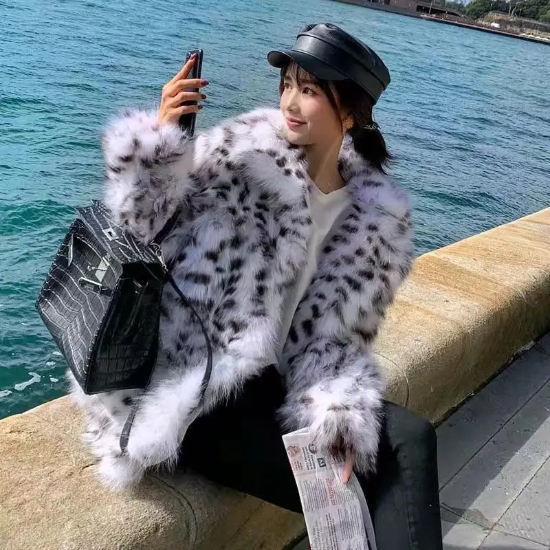 Faux Fur Jacket for Women Female Loose Full Sleeve Turn-down Collar Leopard Plush Jacket Furry Casual Long Coat Winter New