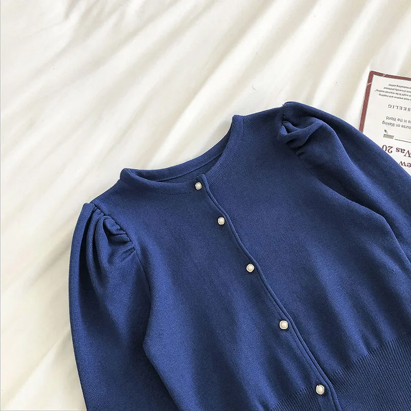 Cardigan da donna stile francese retrò monopetto o-collo manica a sbuffo design elegante vita definita maglioni chic Ulzzang lavorati a maglia