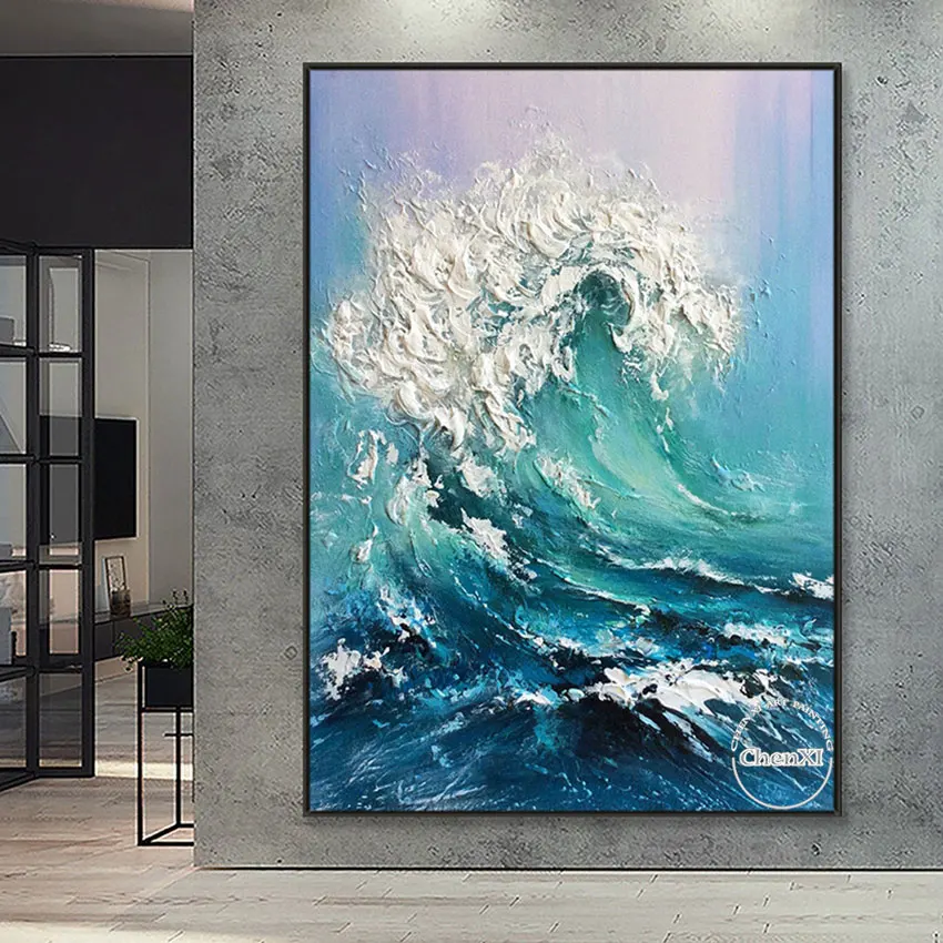 Oil Painting Wall Canvas, Sea with Flapping Waves, Bedroom Art Picture, Apartment Decoration, Unframed, High Quality