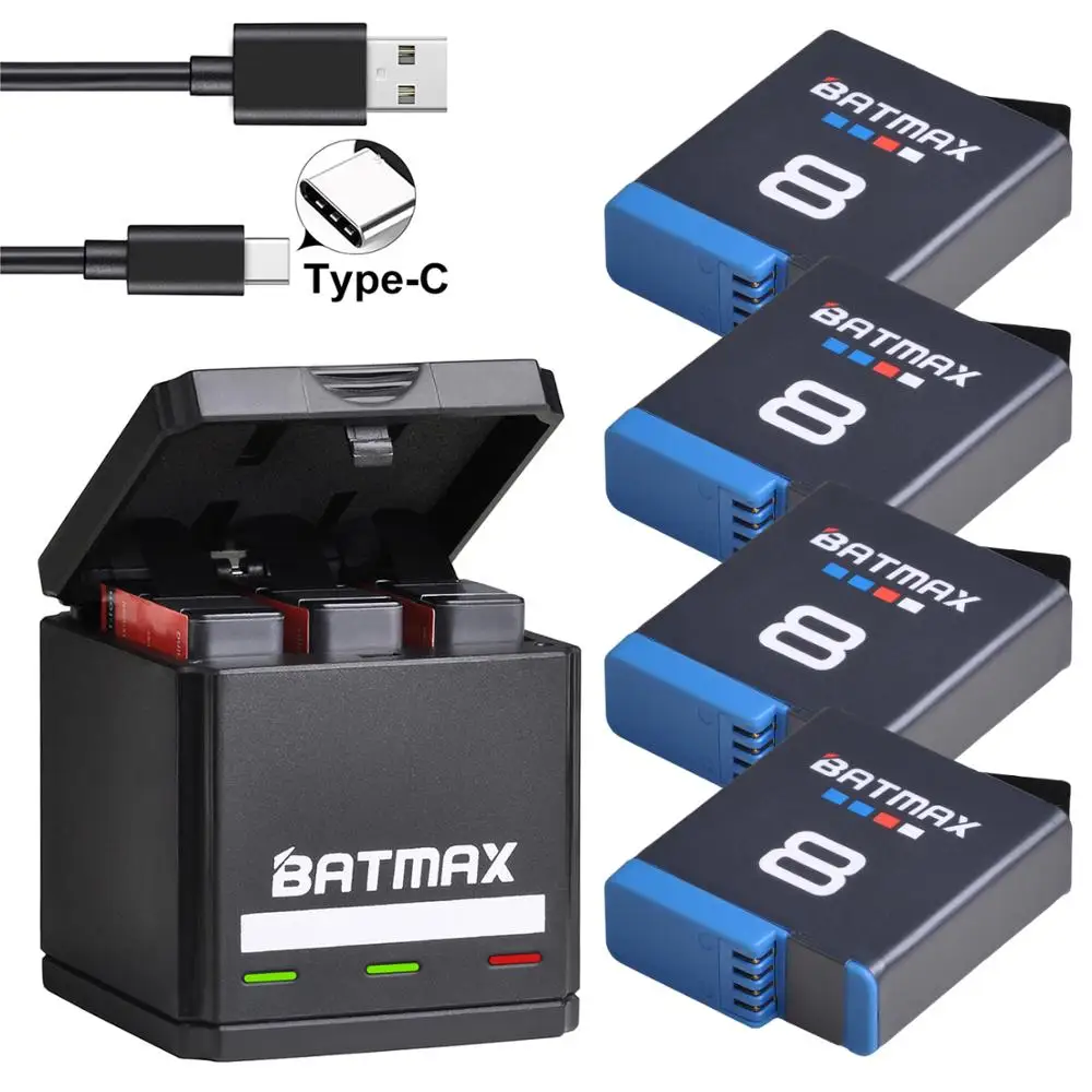 Batmax for Gopro Hero 8 Li-ion Battery Black Hero 8 Black GoPro Hero 7 Cam Akku + USB Triple Charger with Type C Port