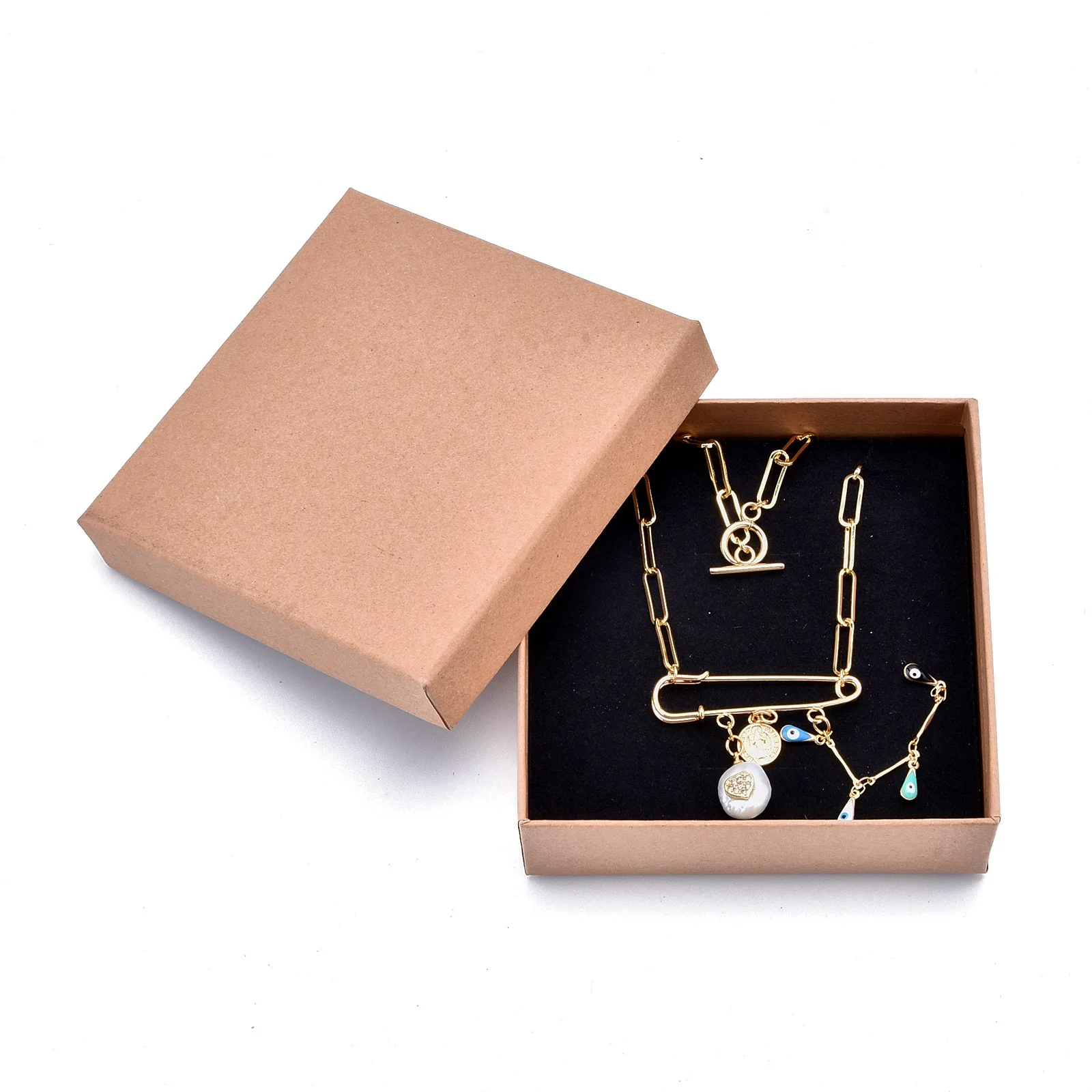 8Pcs Square Kraft Paper Boxes Necklace Gift Box with Black Sponge Jewelry Organizer Storage Packaging Container 11.2x11.2x3.8cm