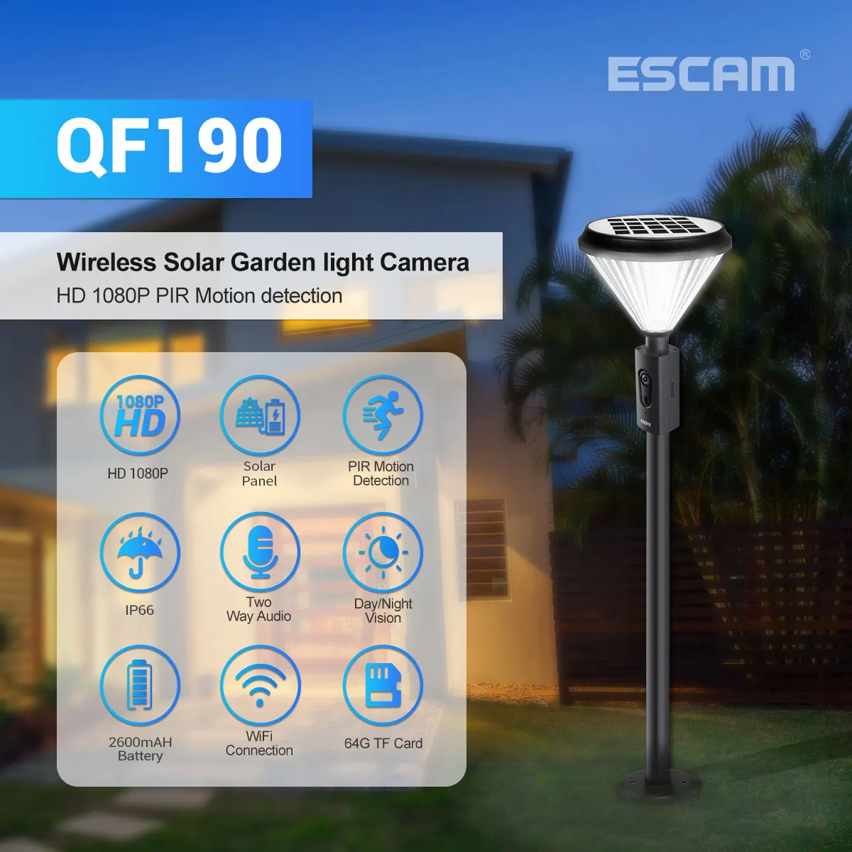 ESCAM QF190 Courtyard Lamp Camera 2MP 1080P Wide Angle Motion Detection Solar Power Home Security Intercom CCTV Monitor