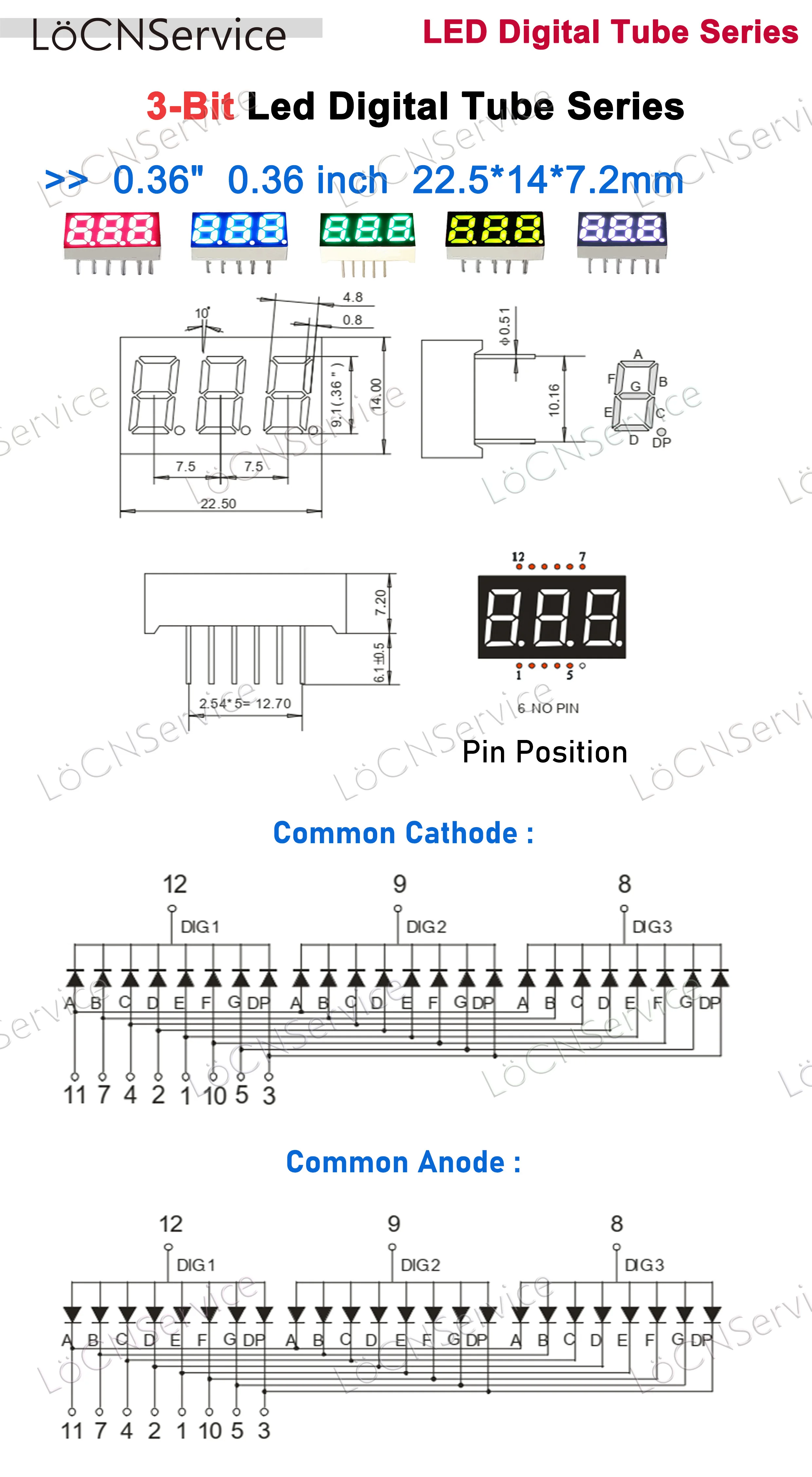 0.36 polegada led display digital tubo de 3 bits vermelho azul puro amarelo verde branco ânodo do cátodo comum alto brilhante relógio 50 pces locn