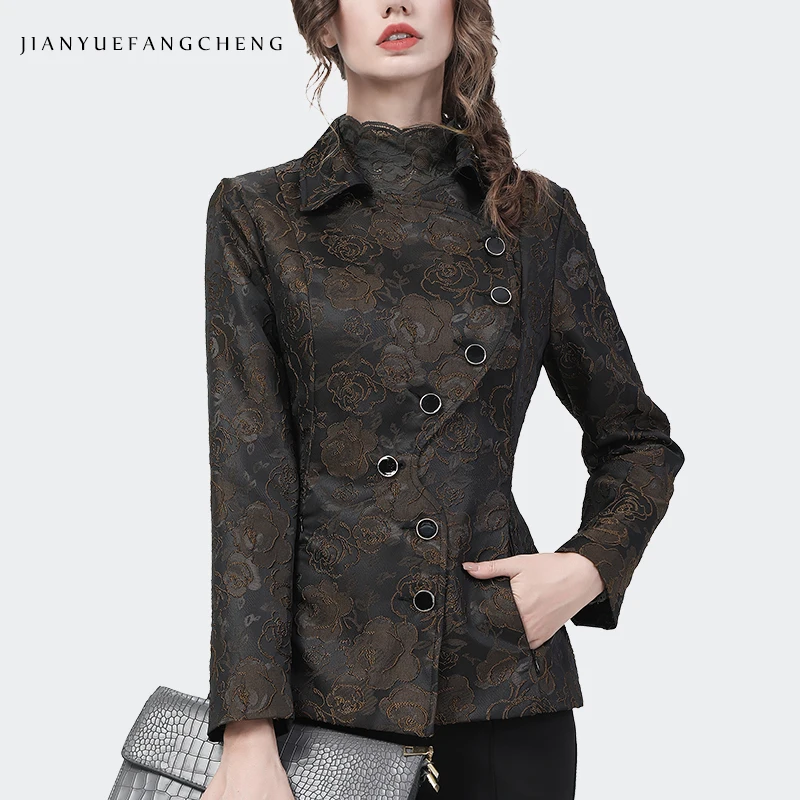 

Fashion Wave Collar Retro Jacquard Women Suit Jacket Female Professional Relief Floral Blazer Elegant Slim Autumn New Jackets