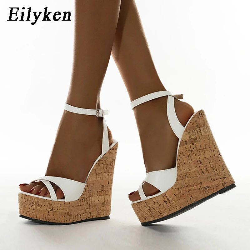 Eilyken Summer White Women\'s High Heels Hollow Out Sandals Platform Buckle Wedges Front Open Toe Ladies Shoes