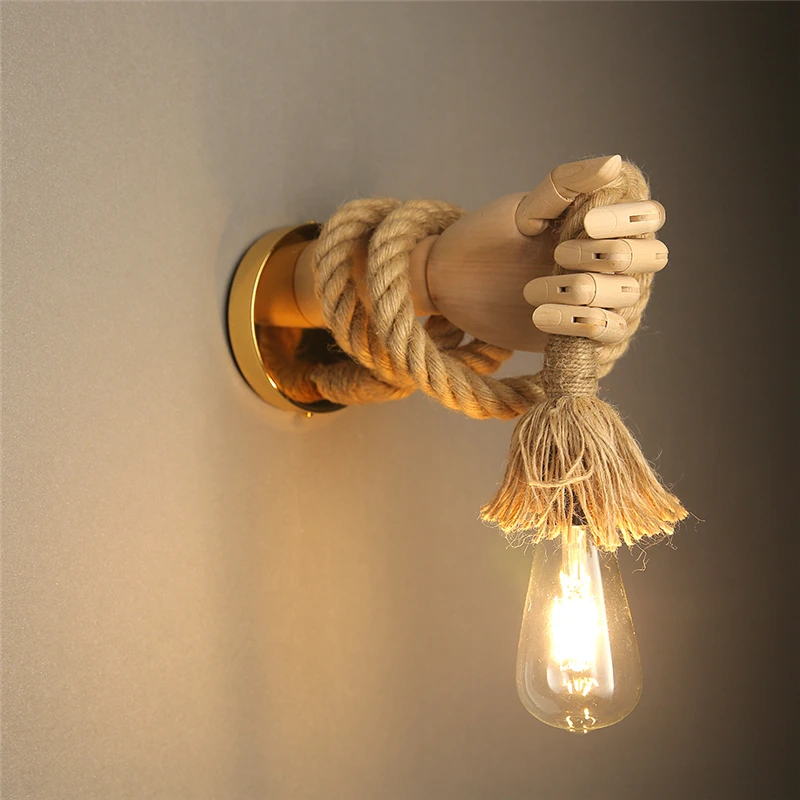 Retro Industrial Style Hemp Rope Wall Light Fixture Simple Creative Hand Shape Wall Lamps Corridor Aisle Indoor E27 Vanity Light