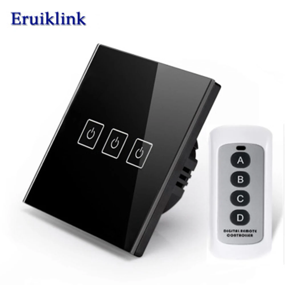 EU Standard Eruiklink Touch Switch 1 Gang/2 Gang/3 Gang 1 Way, Single Fireline Wall Light Switch,Black Crystal Tempered Glass