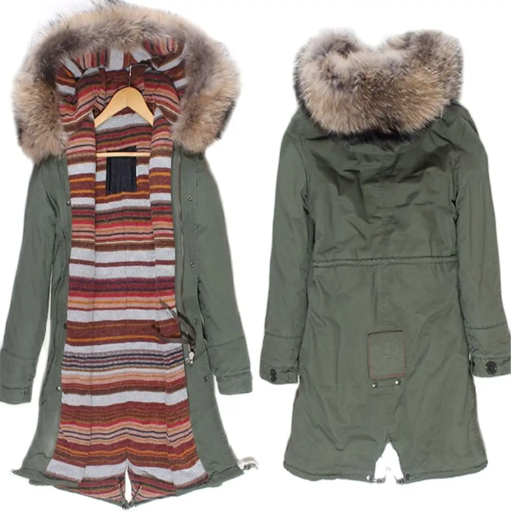 Army Green Long Parka With Red Cashere Lining Winter Warm Fashion Coat Italy Design Wear With Big Collar