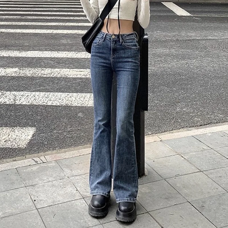 Flare Jeans Women Bleached Korean Style Chic Slim Trendy Stretchy Hipster Retro Elegant Ulzzang College Street Full Length Lady