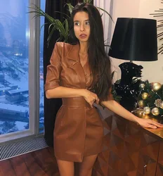 Sexy V Neck Leather Women Blazer Half Sleeve Slim Fit Jacket With Belt Club Party Streetwear Daily Coat Dress