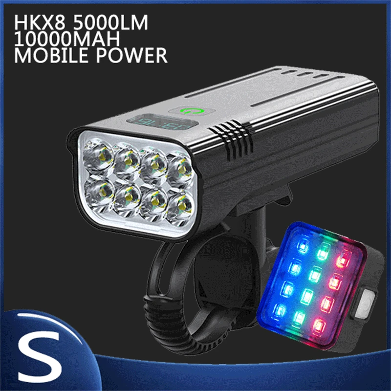 10000mAh 8 LED 자전거 빛 방수 USB 충전식 LED 자전거 빛 손전등 및 헤드 램프 as 보조베터리