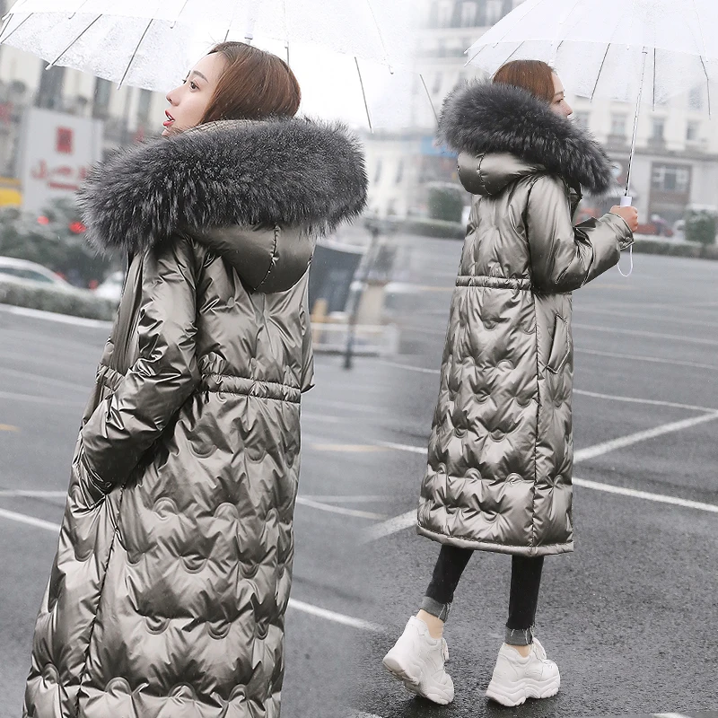 

Real Raccoon Fur Collar Down Coats Long Winter Warm White Duck Down Jacket Parka Womens Glossy Down Coat Winter Hooded Overcoat