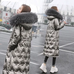 Real Raccoon Fur Collar Down Coats Long Winter Warm White Duck Down Jacket Parka Womens Glossy Down Coat Winter Hooded Overcoat