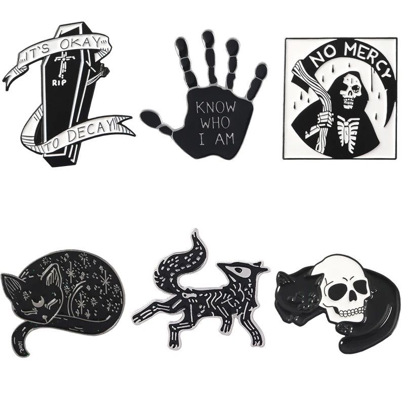 Black Punk Coffin Grim Reaper Magic Sorcerer Cat Skull Hand Palm Enamel Pins Lapel Brooches Badges Pin Gothic Jewelry Wholesale