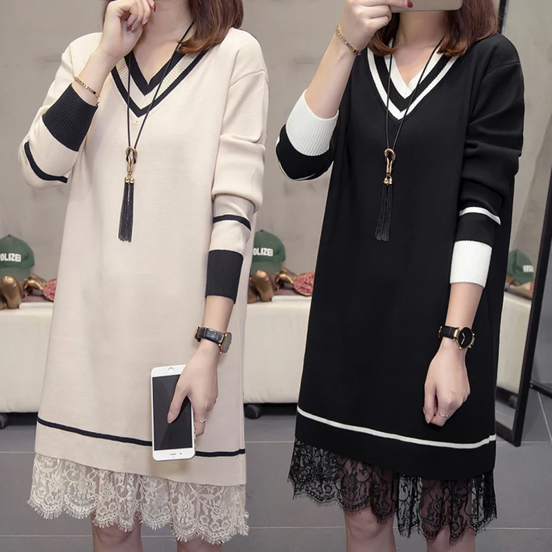 UHYTGF Women Long Sleeve Sweater Dress Womens Lace Splice Hem 4XL Loose Size Autumn Winter Dress Female Elegant Knit Dresses 646