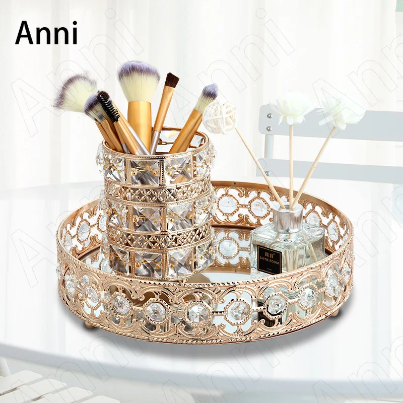 

Creative Hollowation Trays Decorative European Modern Gilded Golden Border Inlaid Crystal Jewelry Cosmetic Storage Display Tray