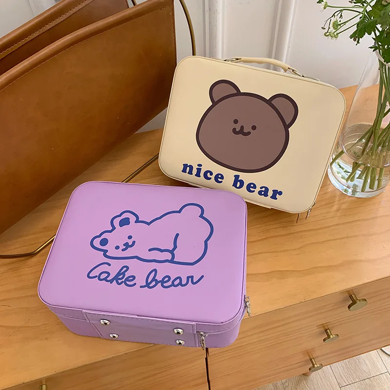 Women's Cute Cartoon Bear Printing Makeup Box Simple Style Lolita Portable Large Capacity Cosmetic Bag Kawaii Zipper Storage Box