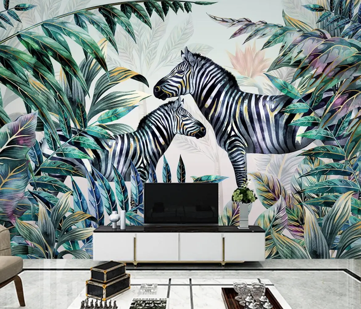 

Custom Large Mural giraffe Wall Paper Living Room Sofa Bedroom Tropical plant forest animal zebra Wallpaper Murals 3d sticker