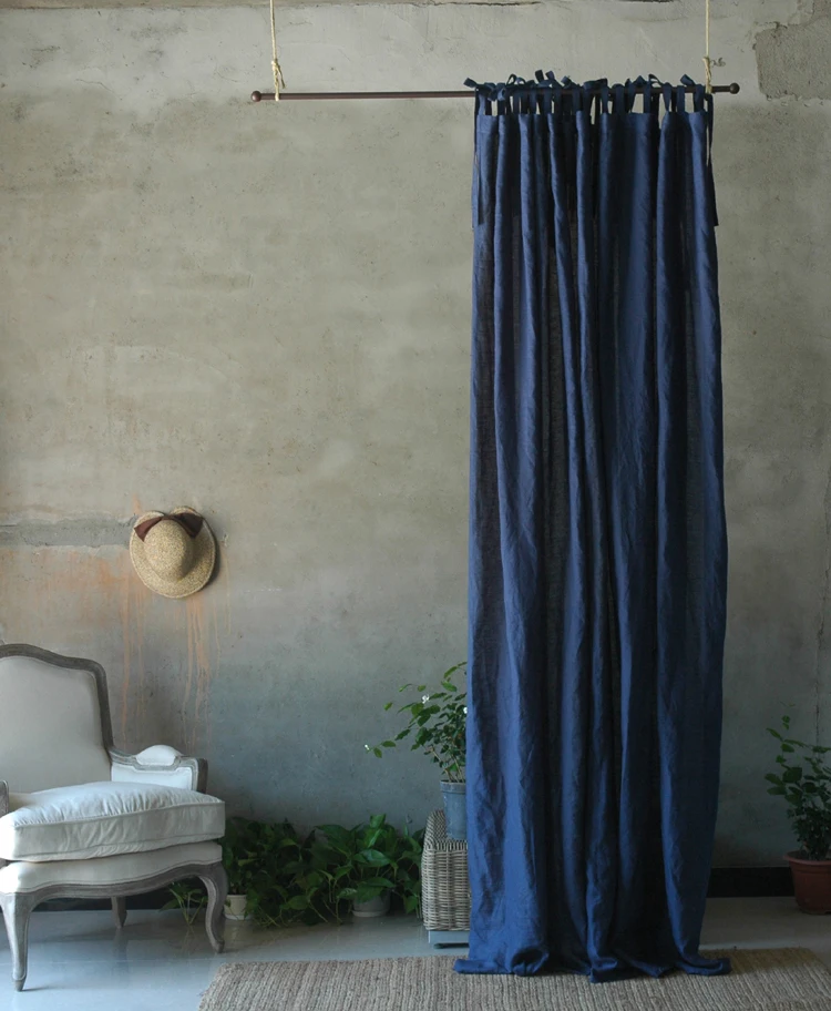 

Up Grade 100% Linen Soft Curtains semi-blackout Ramie Curtain Norse Hemp Yarn Dark Blue Window Drapes for Living Room Bedroom