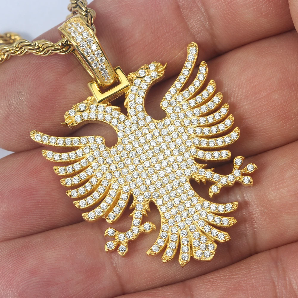 

Albanian Double Headed Eagle Byzantine Iced Pave Stone Sterling Silver Necklace Pendant