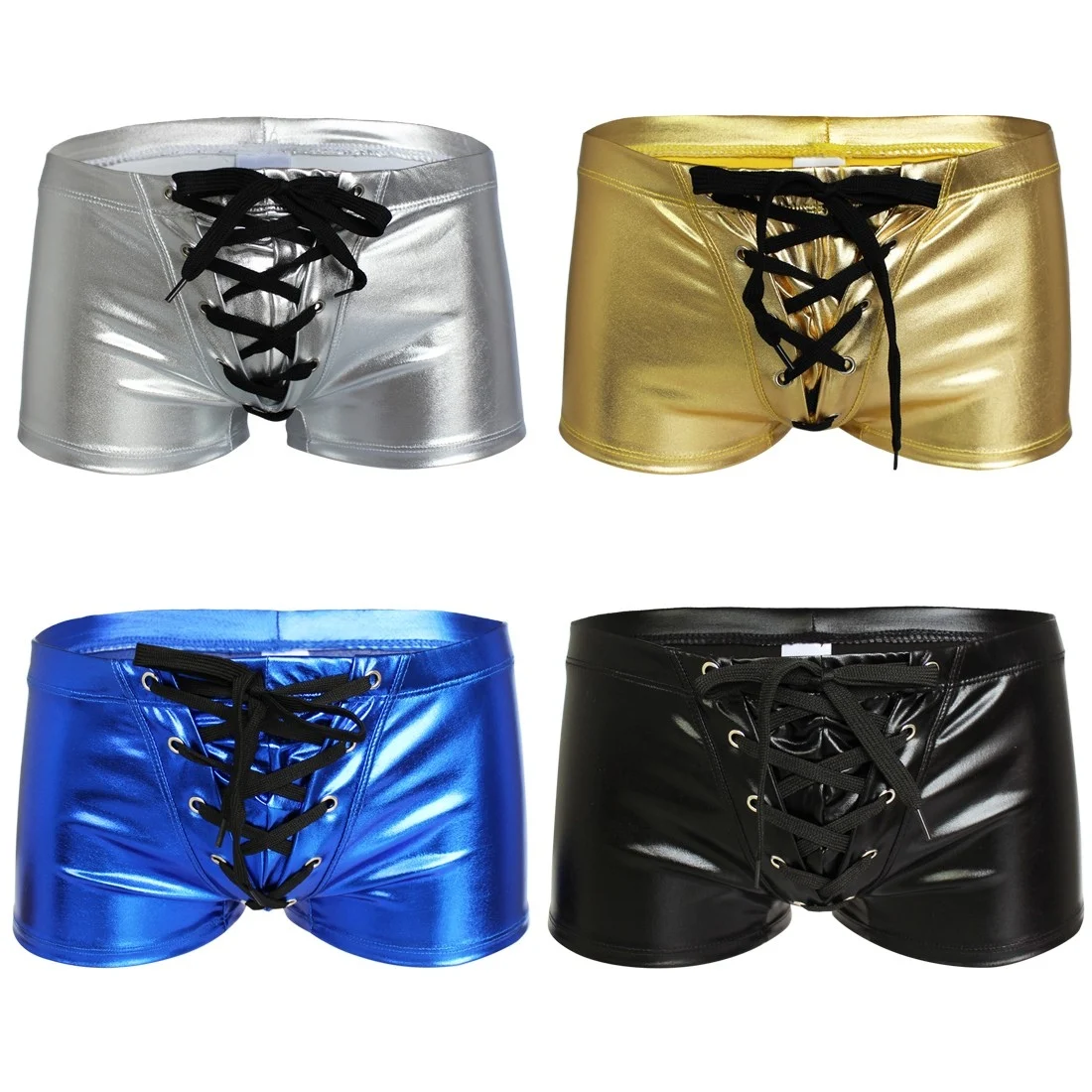 Mens Exotic Lingerie Latex Underwear Leather Drawstring Boxer Briefs Shorts Bulge Pouch Gay Homme Sexy Underwear Latex Panties