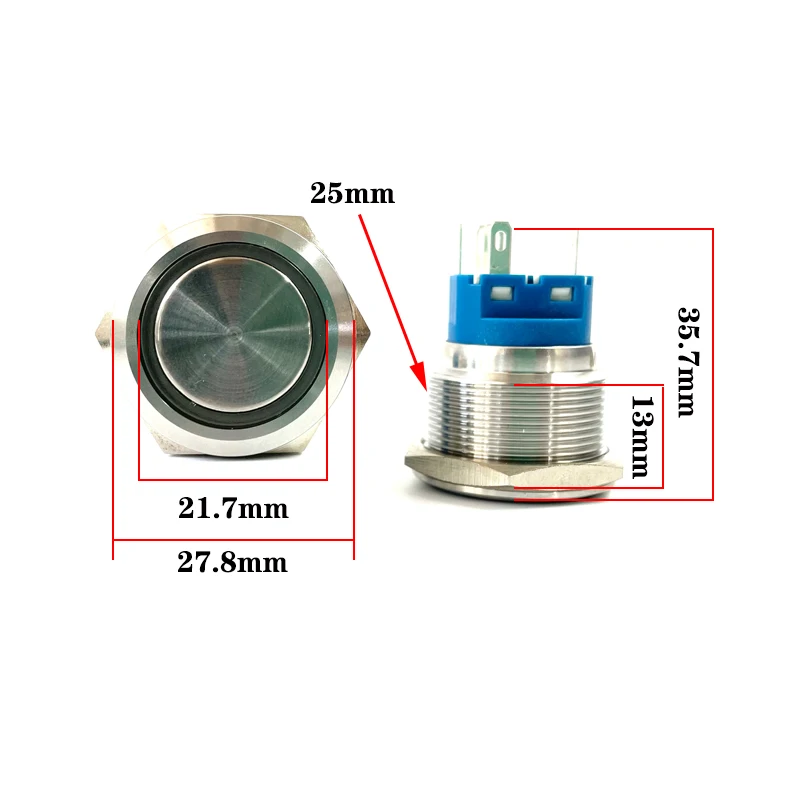 25mm/30mm/40mm stainless steel metal button switch round flat led ring instantaneous power mark car switch 12V 24V yellow blue
