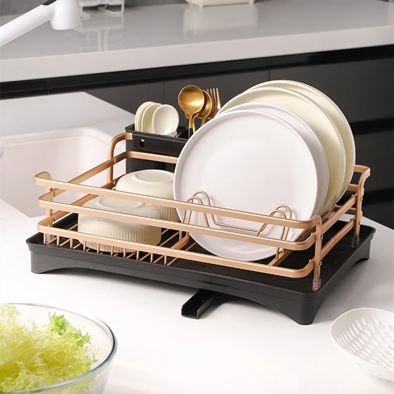 Champagne Gold Aluminium Kitchen Dish Drying Rack Sink Stand Drain Holder Cutlery Drainer Accessories Storage Plate Organizer