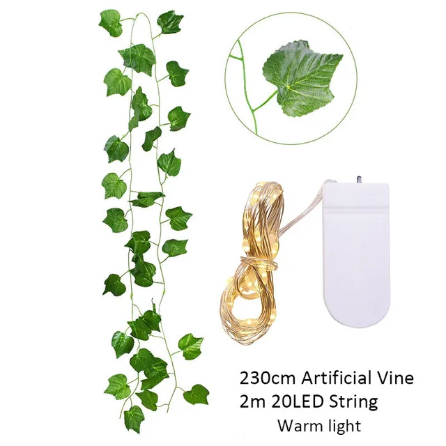 2,3 m Seidenblätter, gefälschte Creeper, grünes Blatt, Efeu-Rebe, 2 m, LED-Lichterkette für Zuhause, Hochzeit, Party, Hängegirlande, künstliche Blume – Detail 17